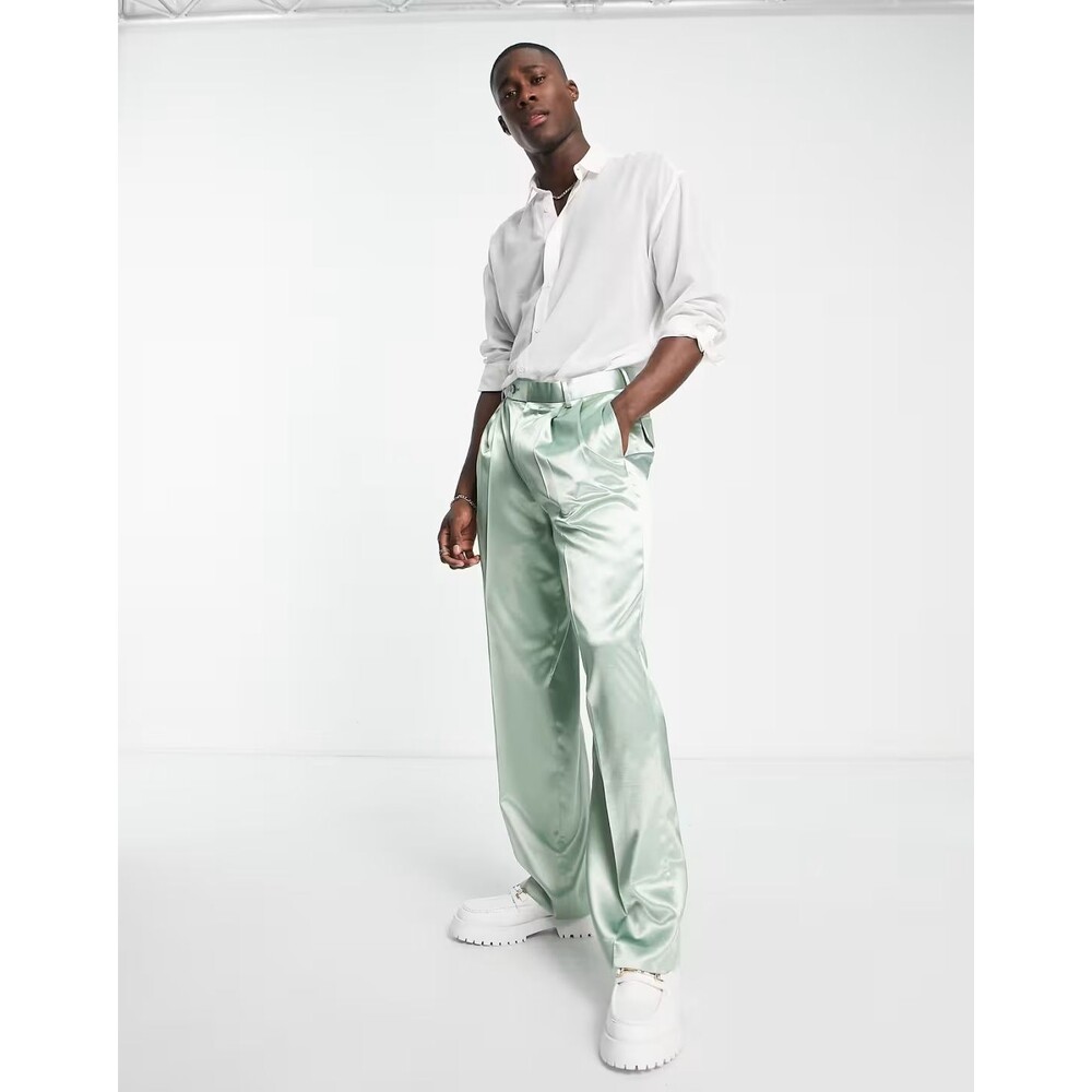 ASOS DESIGN Men W32 L32 Sage Mint Green Dress Pants Satin Wide Leg Suit Trousers